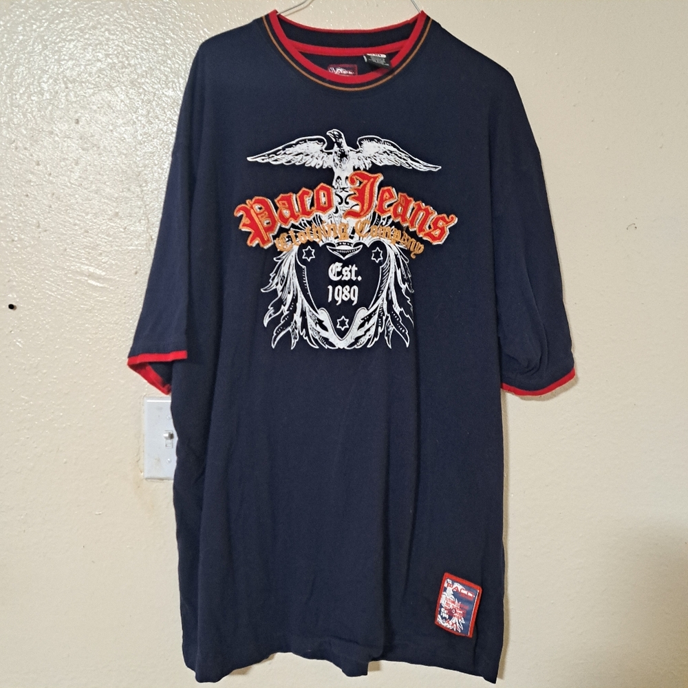 Paco Jeans Mens‎ XXLarge Vintage Tshirt Navy Blue Red Short Sleeve Embrodiery
